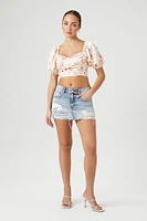 Satin Floral Puff-Sleeve Crop Top