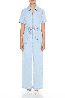 Zip-Up Tie-Front Denim Jumpsuit