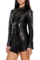 Faux Leather Curved-Hem Shirt