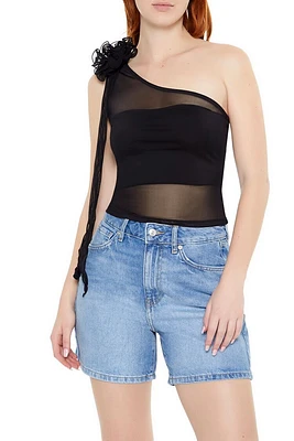 Mesh Rosette One-Shoulder Top