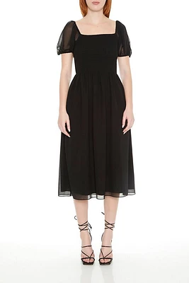 Chiffon Puff-Sleeve Midi Dress