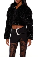 Sequin Faux Fur Puffer Jacket