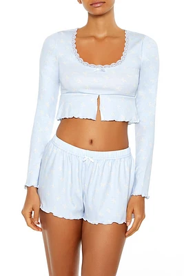 Bow Print Flounce Pajama Crop Top