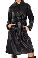 Faux Leather Tie-Waist Trench Coat