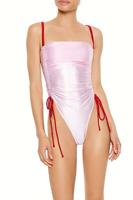 Satin Hearts Ruched Bralette One-Piece Swimsuit