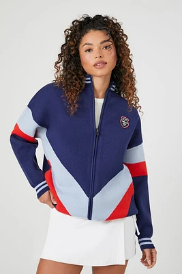 Varsity-Striped Zip-Up Sweater