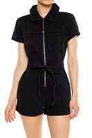 Zip-Up Tie-Waist Denim Romper