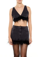 Feather-Trim Denim Bralette