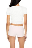 Pointelle Sweater-Knit Bow Crop Top