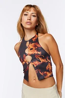 Flame Print Cutout Crop Top