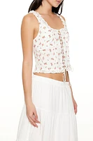 Rose Print Lace-Up Corset Top