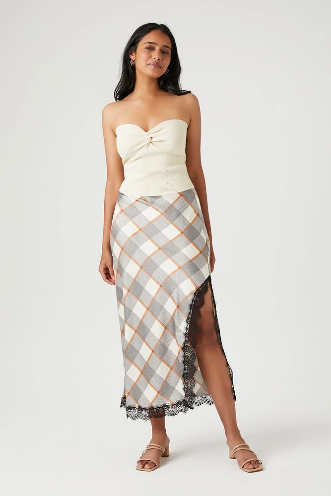 Plaid Lace-Trim Maxi Skirt