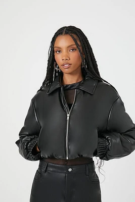 Cropped Faux Leather Bomber Jacket