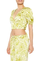 Satin Tropical Leaf Print Crop Top