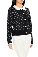 Contrast-Collar Geometric Cardigan Sweater
