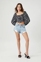 Ornate Print Peasant-Sleeve Crop Top