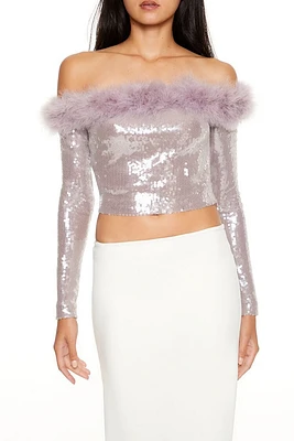 Faux Fur-Trim Sequin Crop Top