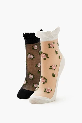 Rose Print Mesh Quarter Socks Set - 2 pack