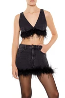 Faux Feather Denim Mini Skirt