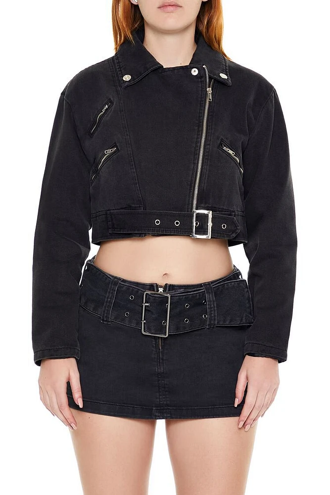 Cropped Denim Moto Jacket