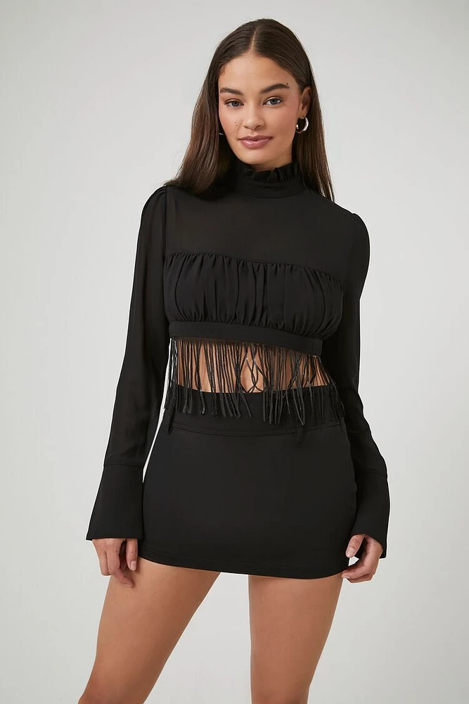 Fringe Mock Neck Crop Top