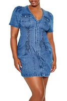 Plus Denim Lace-Up Mini Dress