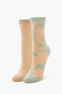 Sheer Floral Crew Socks Set - 2 pack