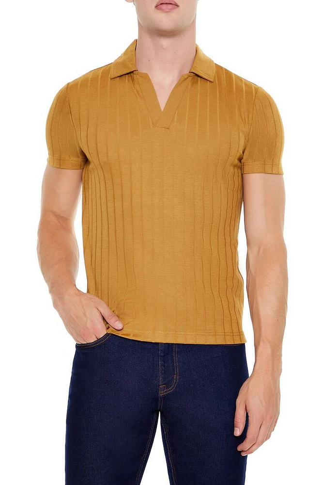 Ribbed Open V-Neck Polo Shirt