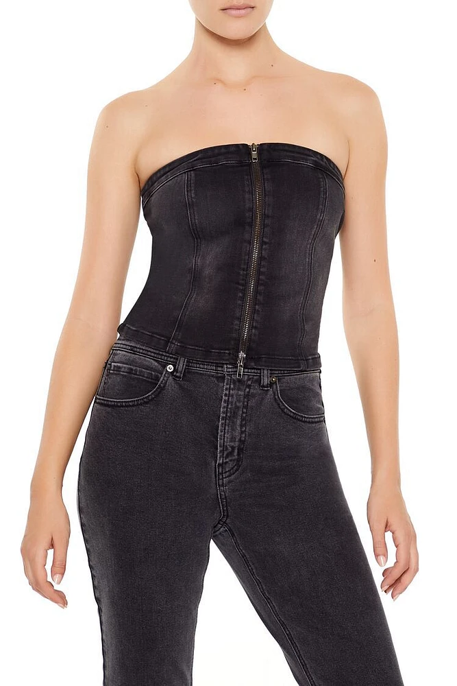 Denim Zip-Front Cropped Tube Top