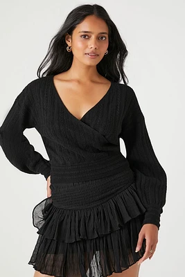 Ribbed Pointelle Knit Surplice Sweater