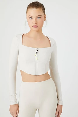 Active Zip-Up Curved-Hem Crop Top