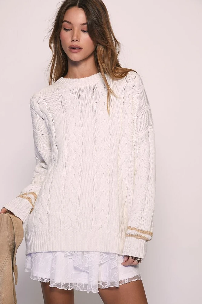 Varsity-Striped Cable Knit Sweater