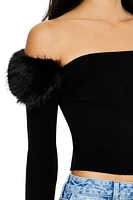 Faux Fur-Trim Sweater-Knit Crop Top