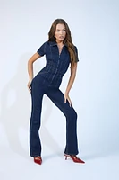 Zip-Up Denim Short-Sleeve Jumpsuit