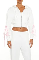 Lace-Up Bow Cropped Zip-Up Hoodie