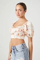 Satin Floral Puff-Sleeve Crop Top