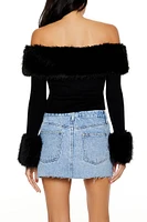 Faux Fur-Trim Sweater-Knit Crop Top