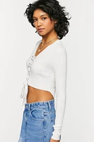 Lace-Up Long-Sleeve Sweater-Knit Crop Top