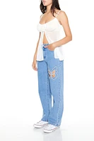 Rhinestone Butterfly Cutout Jeans