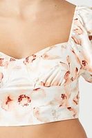 Satin Floral Puff-Sleeve Crop Top