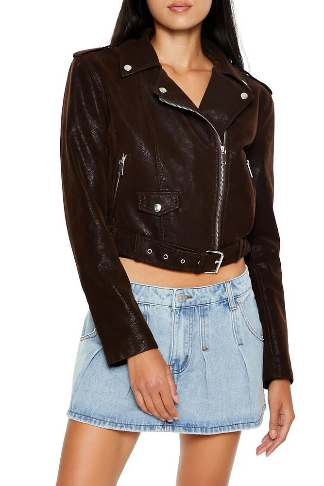 Faux Leather Belted Moto Jacket