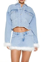 Faux Feather Denim Trucker Jacket