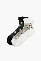 Rose Print Mesh Quarter Socks Set - 2 pack