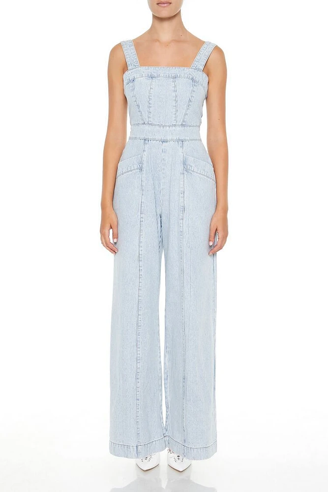 Pinstriped Denim Wide-Leg Jumpsuit