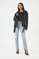 Faux Leather Belted Moto Jacket