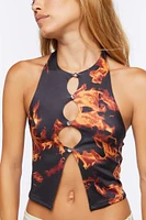 Flame Print Cutout Crop Top