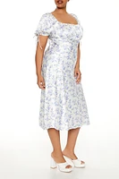Plus Floral Puff-Sleeve Midi Dress