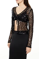 Sequin Sheer Mesh Tie-Front Shirt