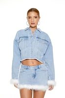 Faux Feather Denim Trucker Jacket