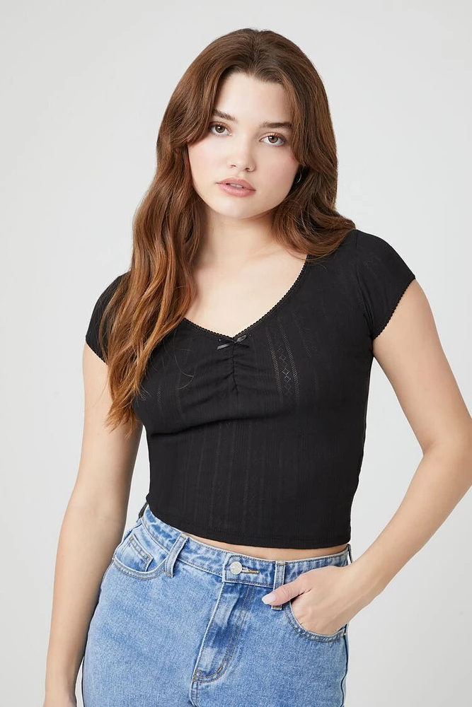 Cropped Pointelle Knit Tee